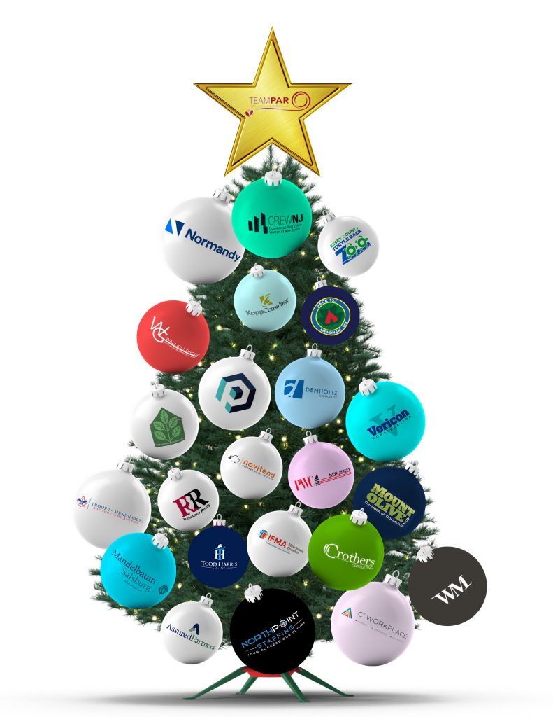 19th Annual Toy Drive Christmas tree with ornament with company logos