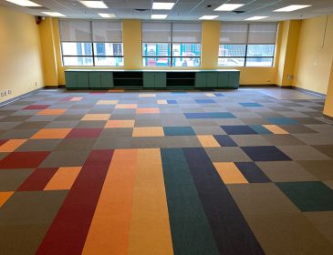 New school room with multi-colored square flooring